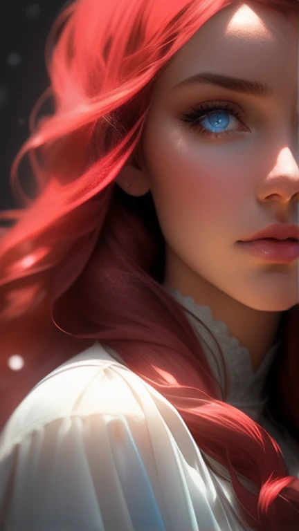 close-up of a European woman, with reb ruby hair, winter waterfall, natural skin texture, very detailed skin texture, tanned skin, 24mm, 4k textures, soft cinematic light, RAW photo, photorealism, photorealistic, intricate, elegant, highly detailed, sharp focus, ((((cinematic look)))), soothing tones, insane details, intricate details, hyperdetailed, low contrast, soft cinematic light, dim colors, exposure blend, hdr, faded, detailed transparent clothes.