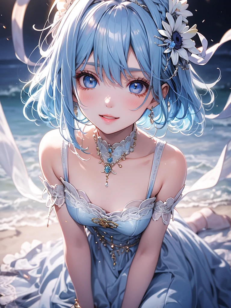 art by Cornflower,(master piece),(4k),high quality,small breasts,1girl,beautiful pastel blue hair,pale skin,beautiful smile,beautiful detailed blue eyes,(light blue collared dress),(multilayered outfit), (Highly detailed elegant), like a dream and happiness atmosphere, Detailed skin, Bokeh, Silky to the touch, Hyper Detail,soft pastel tones,cinematic lighting,in beach