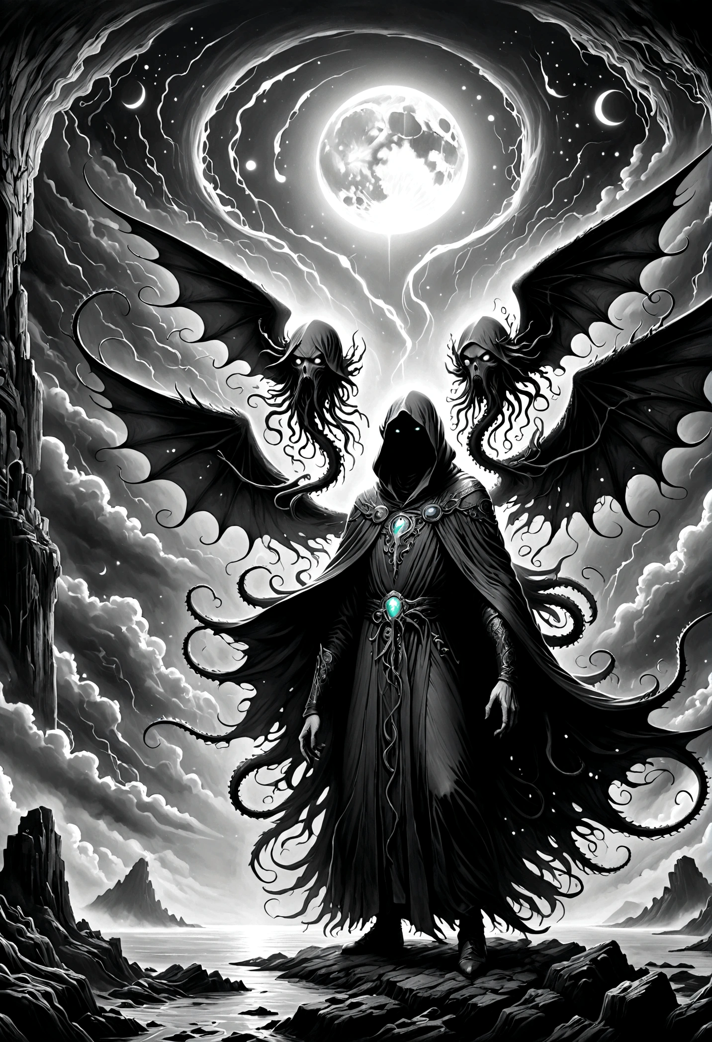 a terrifying ancient eldritch entity, cthulhu mythos, cosmic horror, long tentacles, wings, divine and demonic form, cloak, contrast, relativity, quantum mechanics, abyss, nightmarish existence, insane, bizarre, dark moody atmosphere, cinematic lighting, dramatic shadows, muted colors, chiaroscuro,Transition from black and white on the left half to bright colors on the right half,Ensure seamless integration between the two halves,No dividing line,The scene is the same on both sides,Black and white pencil detail on left side,Right fill color,The mixture formed in the whole image,Perfect details, animation art style, Large murals, Strong contrast between light and dark