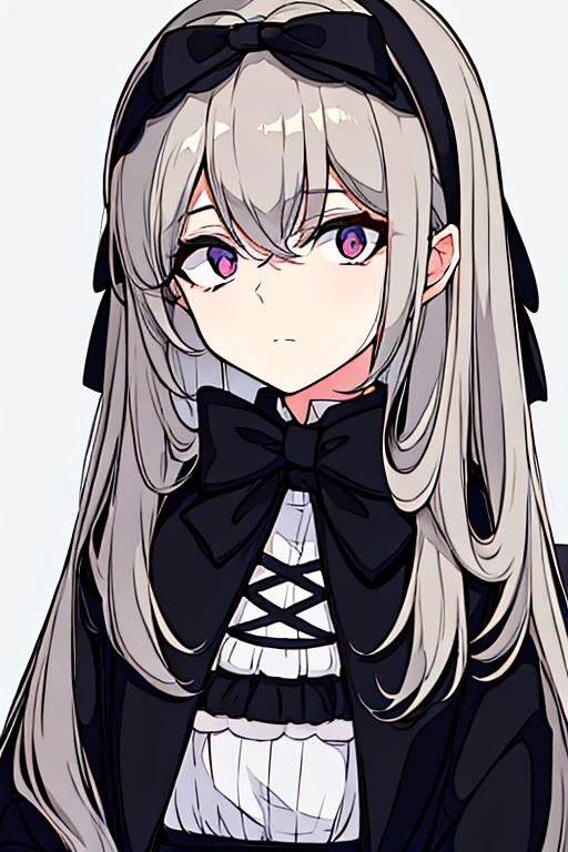garota branca, olhos azuis, loira, cold expression and dark circles under the eyes, dark gray lolitta outfit and a black bow on the outfit