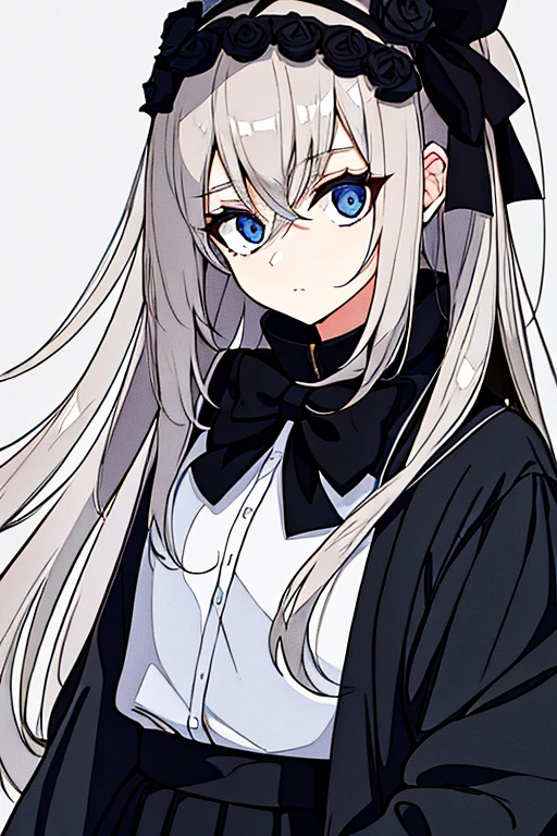 garota branca, olhos azuis, loira, cold expression and dark circles under the eyes, dark gray lolitta outfit and a black bow on the outfit