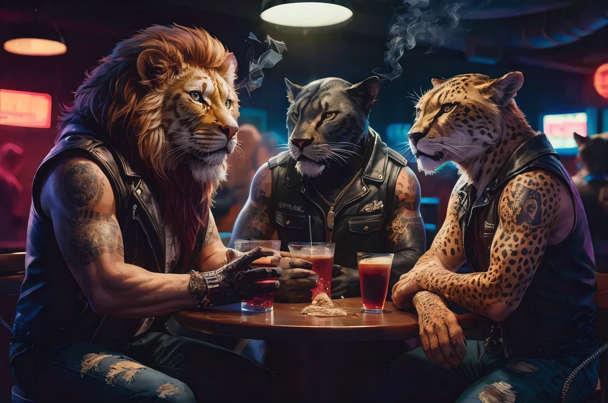 A photorealistic comic illustration depicting a unique biker gang of humanoid animals. At a dimly lit bar, a lion with a leather jacket, tattoos, and a scar across his face is conversing with a panther sporting a similar attire, and a cheetah with a cool, confident demeanor. They are sitting at a round table, sipping drinks, with tattoos and scars that enhance their rugged appearance. The background is filled with the dimly lit ambiance of a bar, with neon signs reflecting off the wet surfaces and smoke filling the air., illustration