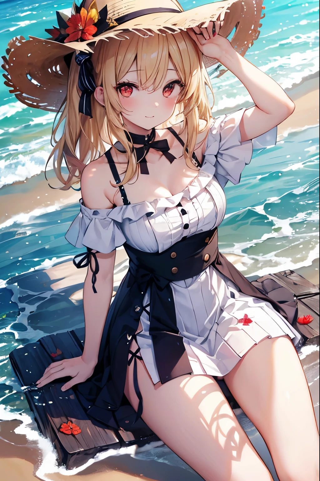 chisatonishikigi, nishikigi chisato, , bangs, Blonde Hair, (Red eyes:1.5), Hair Ribbon, One side up,smile,blush,Great Laugh:1.1,Open your mouth,Big straw hat,Off-the-shoulder dress,Long skirt,Bare neck,Exposing shoulders,bare clavicle,Grab the skirt with both hands and lift it up,barefoot,Beachの砂浜を散歩しながら,風に揺れるBlonde Hair, True Summer,Light of the sun,
break outdoors,Beach ,
break looking at viewer, (Cowboy Shot:1.5),
break (masterpiece:1.2), highest quality, High resolution, unity 8k wallpaper, (shape:0.8), (Fine and beautiful eyes:1.6), Highly detailed face, Perfect lighting, Highly detailed CG, (Perfect hands, Perfect Anatomy),