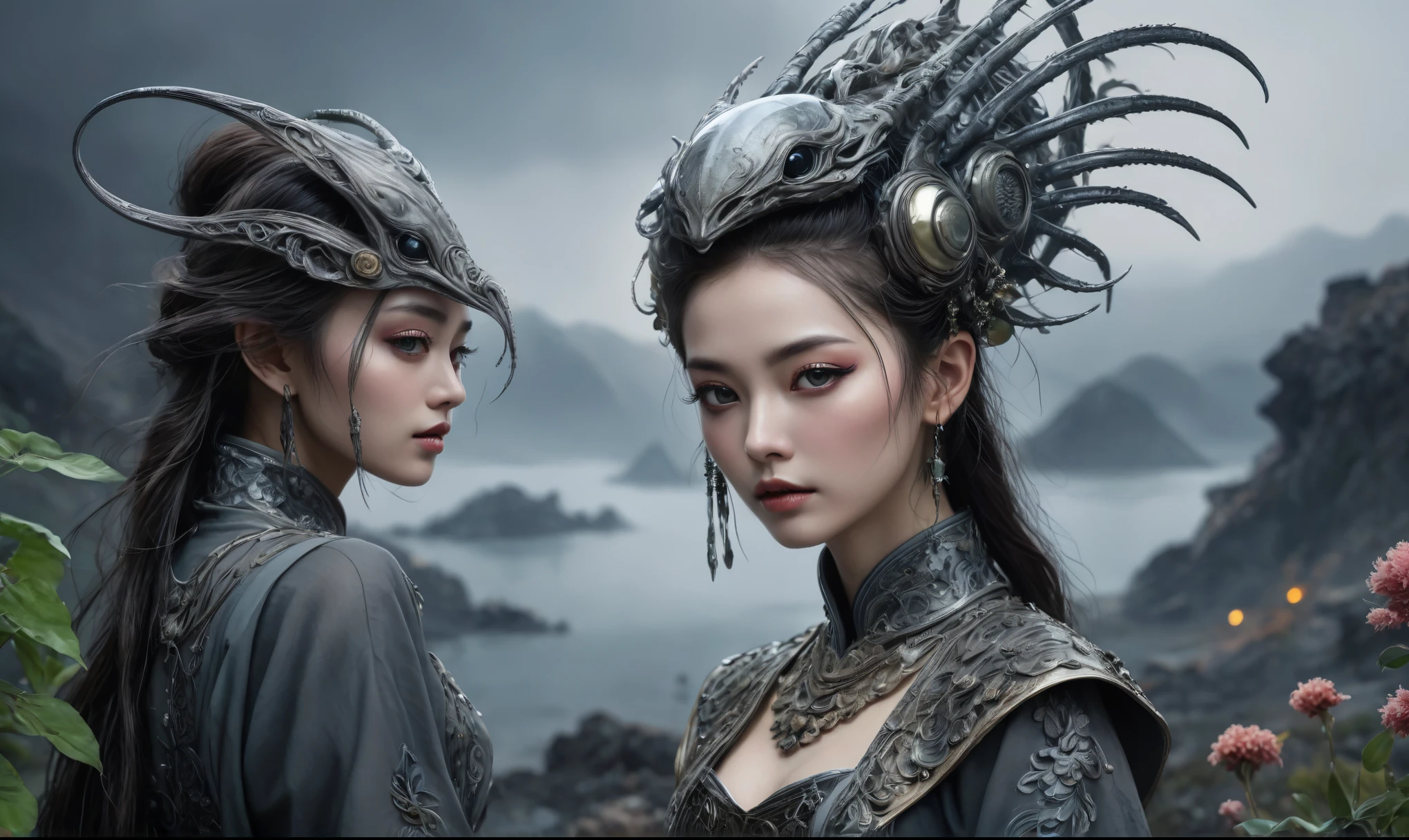 full body length shot,heght view on himera babygirl elf,hanfu,once pretty face,eyebrow up,full body shot,ominous landscape,glate gray atmosphere,prime colors,wariza,extremely detailed, masterpiece,intricate details,faded,eyes extremely detailed,Bun Hair,(Folk clothes:1.5), long dress, pronounced feminine feature, insane details, intricate details, hyper-detailing, Complex background, ,full-body-shot,Very tall,  Technicolor,natural skin textures, hyper realisitc, hyper detailed,Extremely detailed,High contrast,Masterpiece,Realistic,Ultra Detailed,intricate details,realistic humid skin,extremly intricate,Epic Realistic, Romantic, cinematic style,by art irina yermolova,orc, messy hair,luminous eyes,extremely detailed, [night landscape],masterpiece,intricate details,faded,eyes extremely detailed, high detailed eyes,8k resolution,RAW, Nikon Z9,by jimmy chin,by art Simon Stalenhag,Nicola Samori,Wangechi Mutu,Lisa Frank,(professional 3d render:1.3),junkie,nature, organic outfit with a curved mask, organic surrounding dead flowers and plants, dynamic glamor pose , fashionable alien  xenomorph, vespertine, futuristic clothing and glass, movie still, avante garde design stylings inspired , decadent
