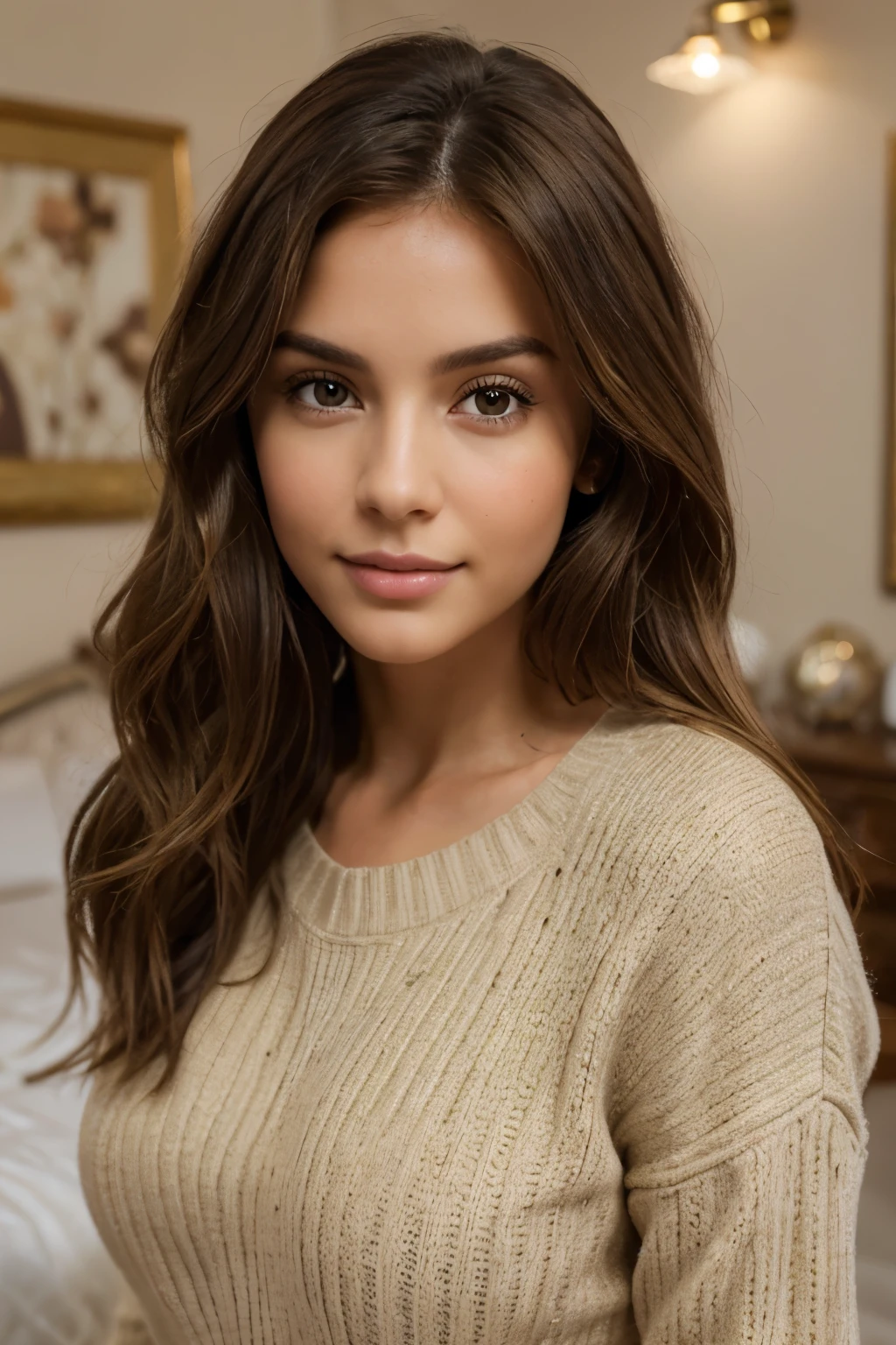 Beautiful brunette with blonde highlights in a beige sweater (in a detailed bedroom, 22 years, Innocent face, chocolate brown, wavy hair, similar brown eyes, high resolution, Masterpiece, best quality, Intricate high detail, Very detailed, Sharp focus, Detailed skin, realistic skin texture, Texture, Detailed eyes, Professional, 4K, charming smile, pouty lips, filmed on Canon, 85 mm, light depth of field, Kodak Vision color, Perfectly fitting body, Extremely detailed, Photographer_(Ultra), photorealistic, Realistic, Post-processing, Maximum detail, Roughness, real life, Ultra realist, Photorealism, Photography, 8K UHD, Photography, very beautiful, ultra realistic, even skin tone, hair not covering face)