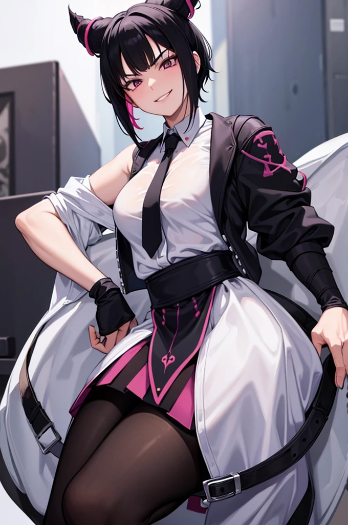 juri han, work of art, tight white secretary shirt with black tie, black high waist skirt, short skirt, short hair, black hair, black tights evil smile,oculos