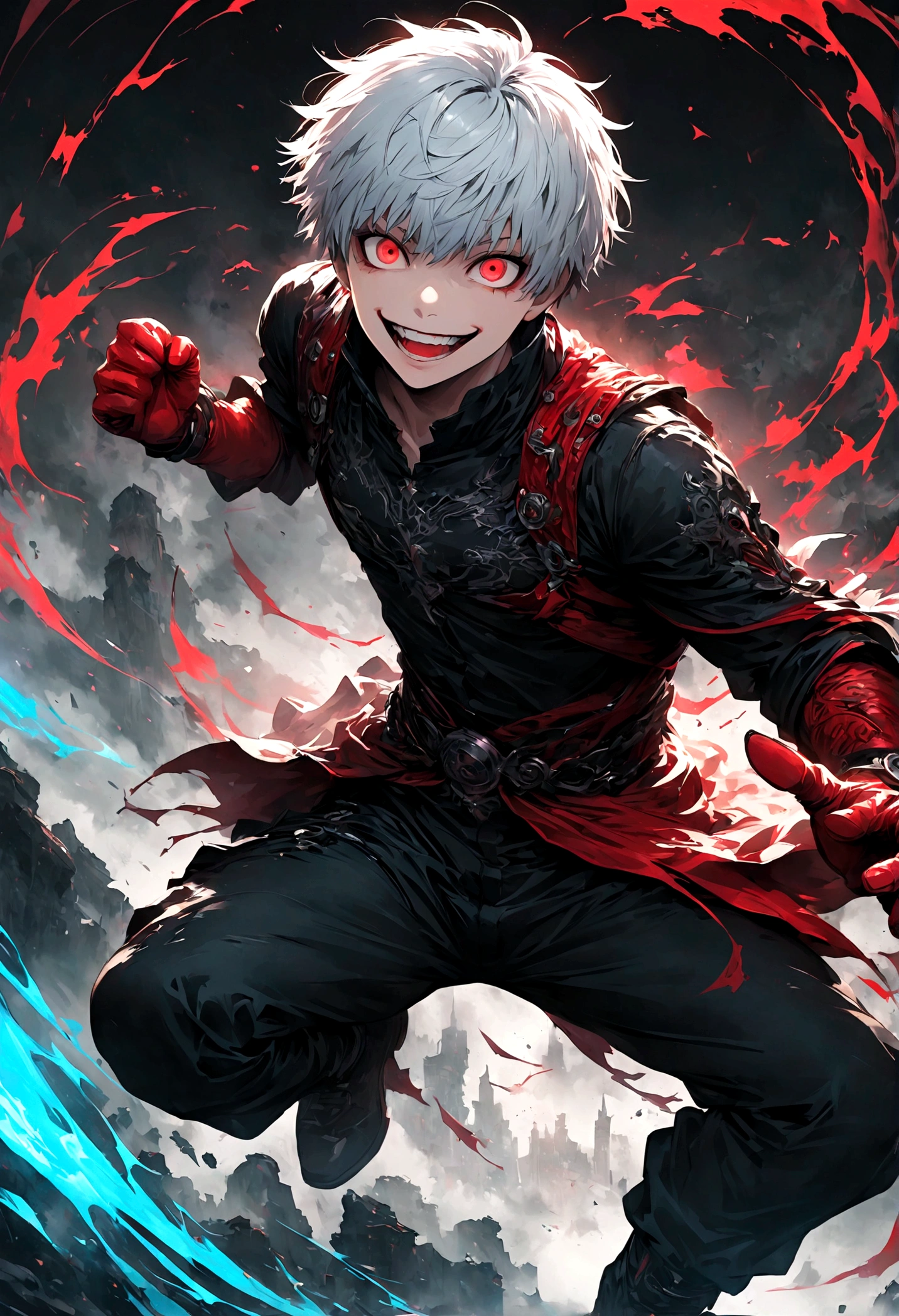 1 male,Kaneki,Tokyo Ghoul,,Midori Ishida's painting style,Intricate details,Use black and white as your main colors,Decadent,artwork,rendering,Dynamic pose,(masterpiece:1.3),(highest quality:1.4),(Super detailed:1.5),High resolution,Very detailed,unity 8k wallpaper,Dark fantasy,Glare,Fighting Style,Crazy Smile