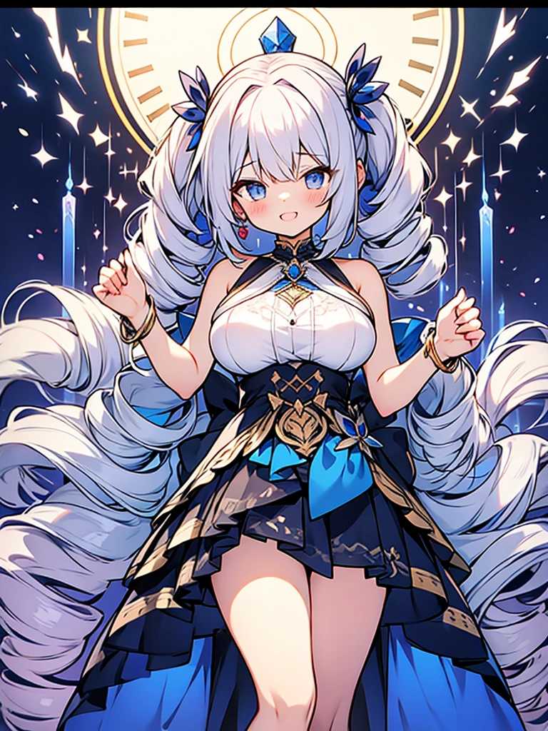 Goddess of Love and War,silver big volume ultra long (((wide curl twin-drill))) hair,impossibly big breasts,Lapis Lazuli Dress,laugh,hyper kawaii loli girl,