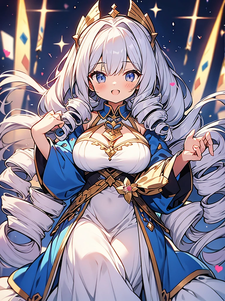 Goddess of Love and War,silver big volume ultra long (((wide curl twin-drill))) hair,impossibly big breasts,Lapis Lazuli Dress,laugh,hyper kawaii loli girl,