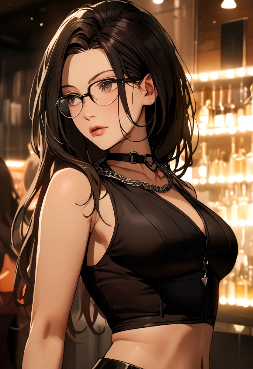 black monalisa with glasses, crop top and chain necklace