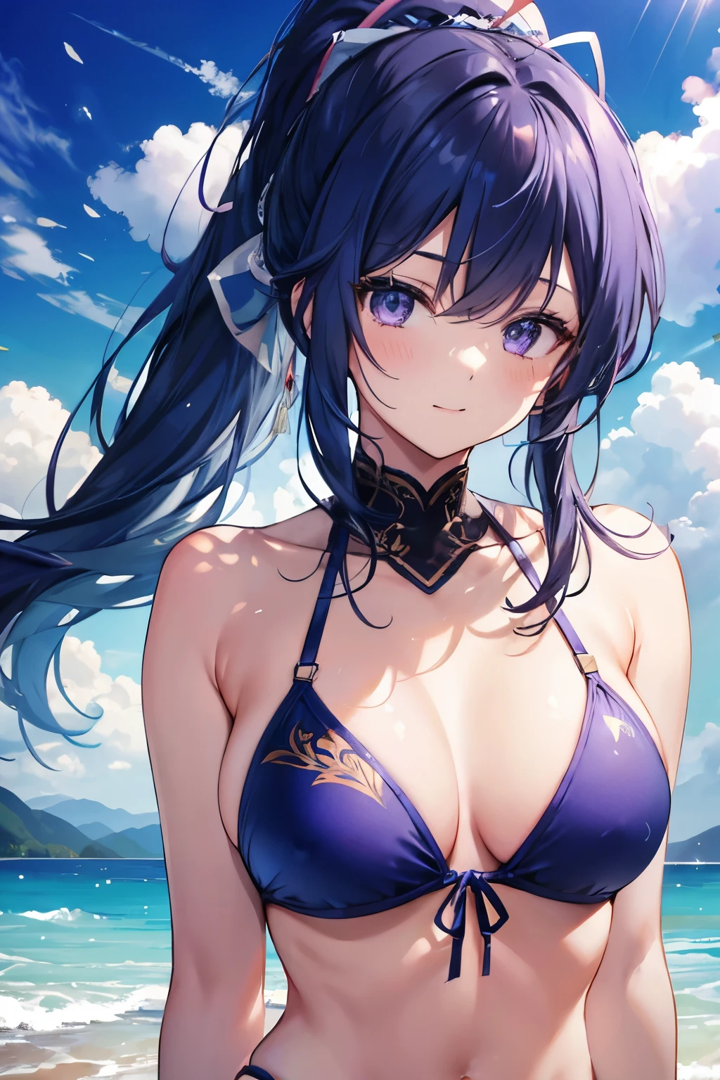 Minamimatsuura, kanan matsuura, Blue Hair, Long Hair, ponytail, (Purple eyes:1.1), Side Lock, Looking at the audience, break (Tabletop:1.2), highest quality, High resolution, unity 8k wallpaper, (figure:0.8), (Beautiful fine details:1.6), Highly detailed face, Perfect lighting, Highly detailed CG, (Perfect hands, Perfect Anatomy),(Blue Bikini:1.3)、(Beach:1.3), Cowboy Shot、Laughing with your mouth open、solo