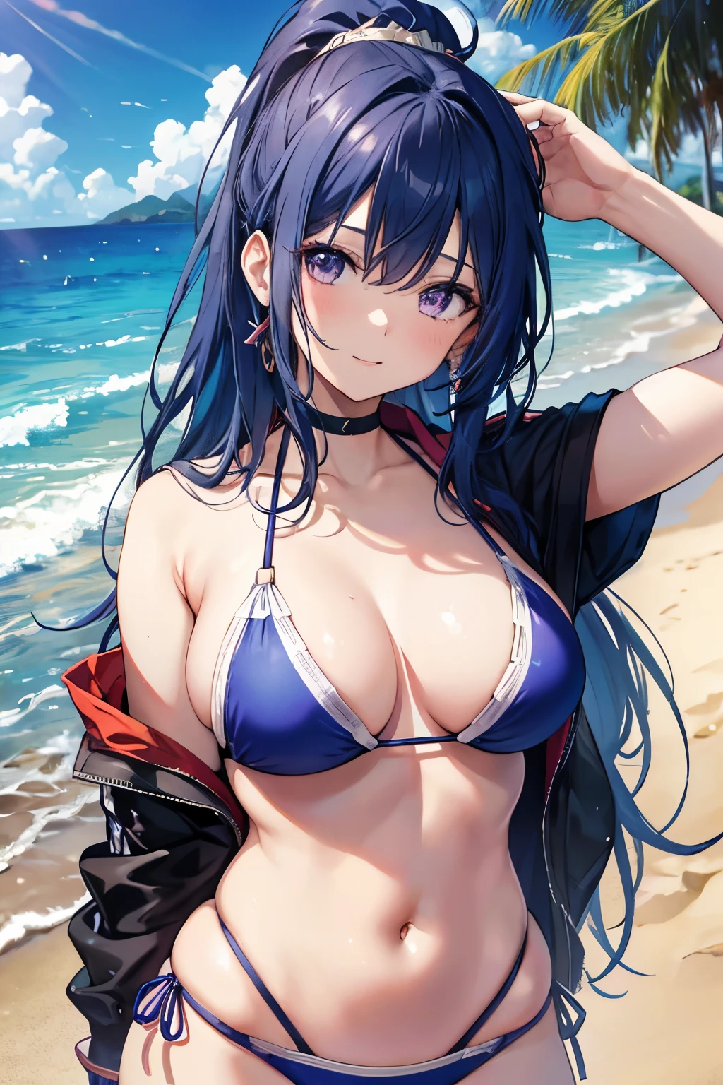 Minamimatsuura, kanan matsuura, Blue Hair, Long Hair, ponytail, (Purple eyes:1.1), Side Lock, Looking at the audience, break (Tabletop:1.2), highest quality, High resolution, unity 8k wallpaper, (figure:0.8), (Beautiful fine details:1.6), Highly detailed face, Perfect lighting, Highly detailed CG, (Perfect hands, Perfect Anatomy),(Blue Bikini:1.3)、(Beach:1.3), Cowboy Shot、Laughing with your mouth open、solo