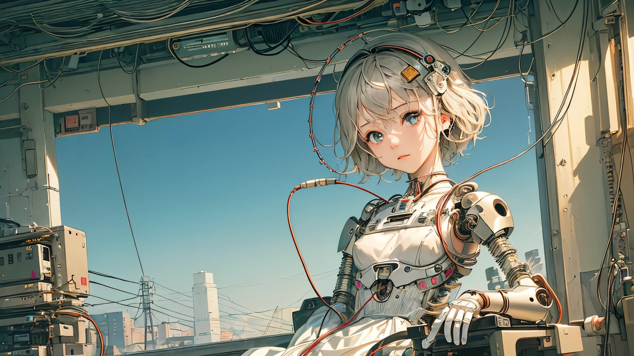 (((masterpiece))), (((highest quality))), ((Very detailed)), (Highly detailed CG illustrations), ((Very delicate and beautiful)),(Cute and delicate face),Light,((1. Machine Girl)),alone,whole body,(Machine made joints:1.4),((Mechanical Limbs)),(Muscles bulge),(Blood vessels are connected to tubes),(Brain in a container:1.3),((Mechanical vertebrae attached to the back)),((Mechanical cervical vertebrae attached to the neck)),((Sitting)),poker face,(Wires and cables attached to head and body:1.5),Small breasts,short hair,(Character Focus),SF