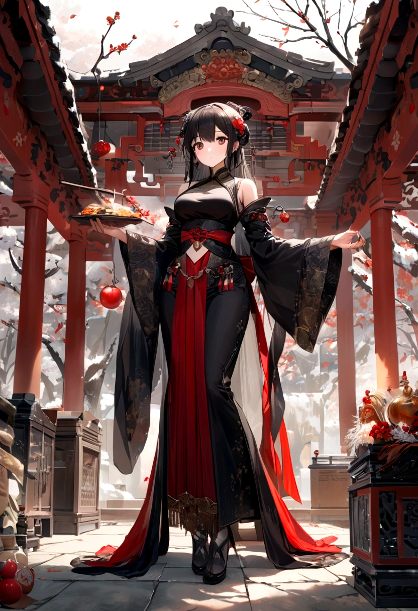（Chinese Song Dynasty beauties dance in skirts），（Anatomically correct，Korean star face，The hands and face are very delicate and clear），（Standing in the middle of the antique courtyard，plum tree，Chinese elements，Winter Clothing，Clothes with a belly，Many plum blossoms have fallen：1.2，Snowflakes falling from the sky：1.6，），（wide angle，Ultra HD细节，masterpiece, Ultra HD, Super Detail, High Detail, best quality, high resolution,  Awards, Awards, 8K，），（Chinese advanced color scheme，light）