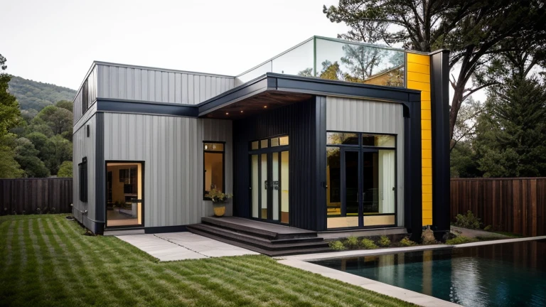 house exterior industry style, dark yellow and green color scheme, like an oldtime industry factory,raw materials, exposed structural elements, and simple, clean lines,rough-hewn steel, polished concrete, glass, and exposured brick,