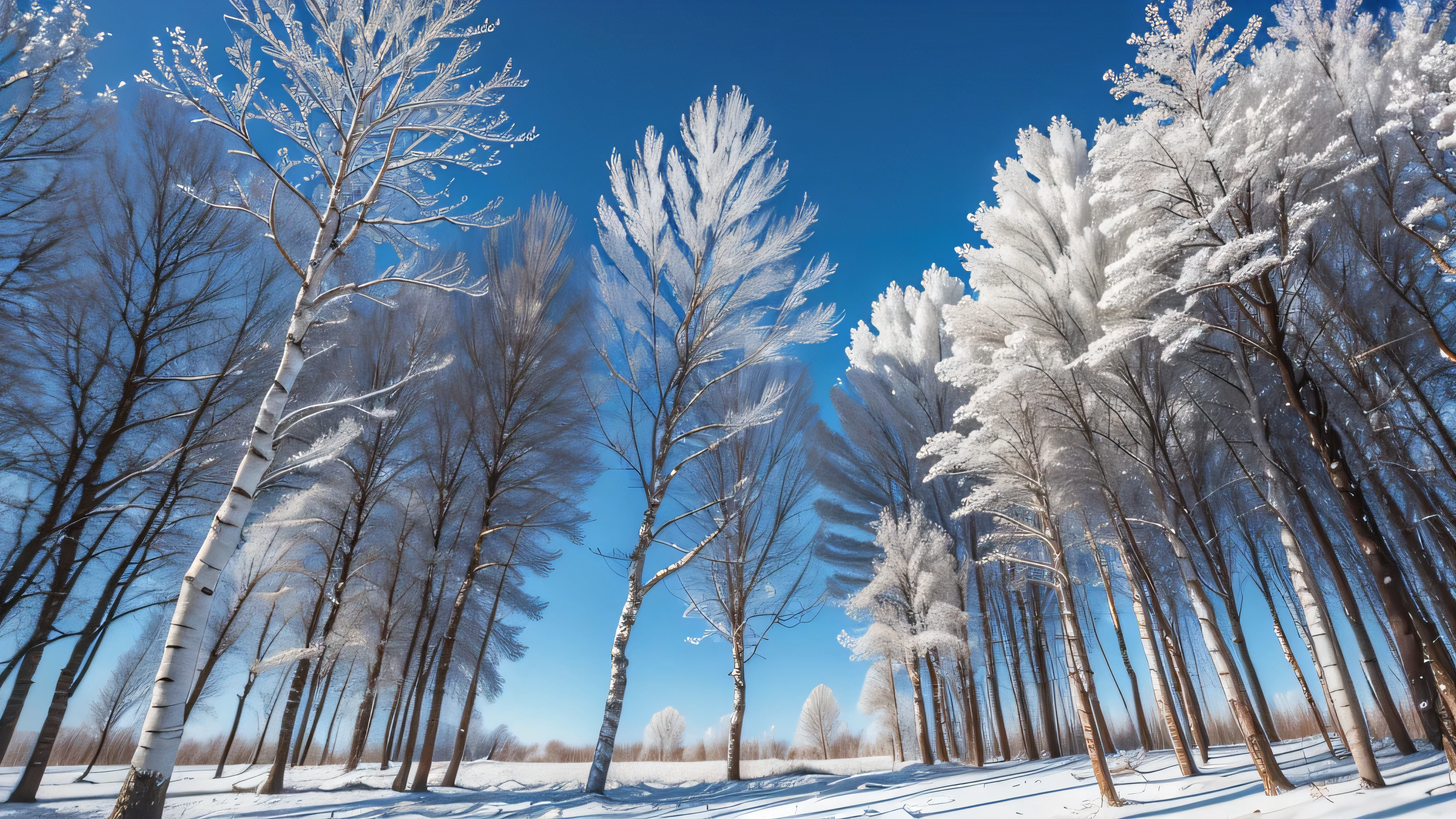 Silver birches with frosted branches on a cold winter day with blue sky in the backgraound
