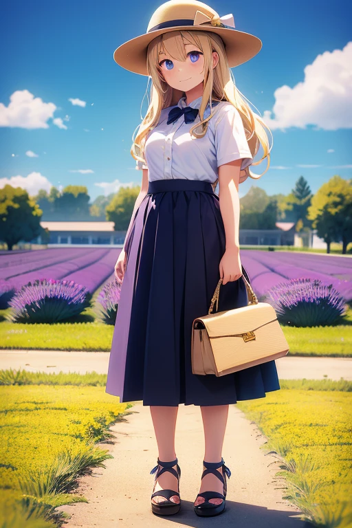 ((highest quality)), ((masterpiece)), (detailed), Perfect Face, anime, Ultra-fine illustration, ((1 person)), Cute girl, smile, (Lavender Fields:1.2), summer, ((Dark navy long skirt)), White short sleeve blouse, {Cute hat}, anklet, Brown mini handbag, Blonde Long Hair, Blue Eyes, Full Body Shot,