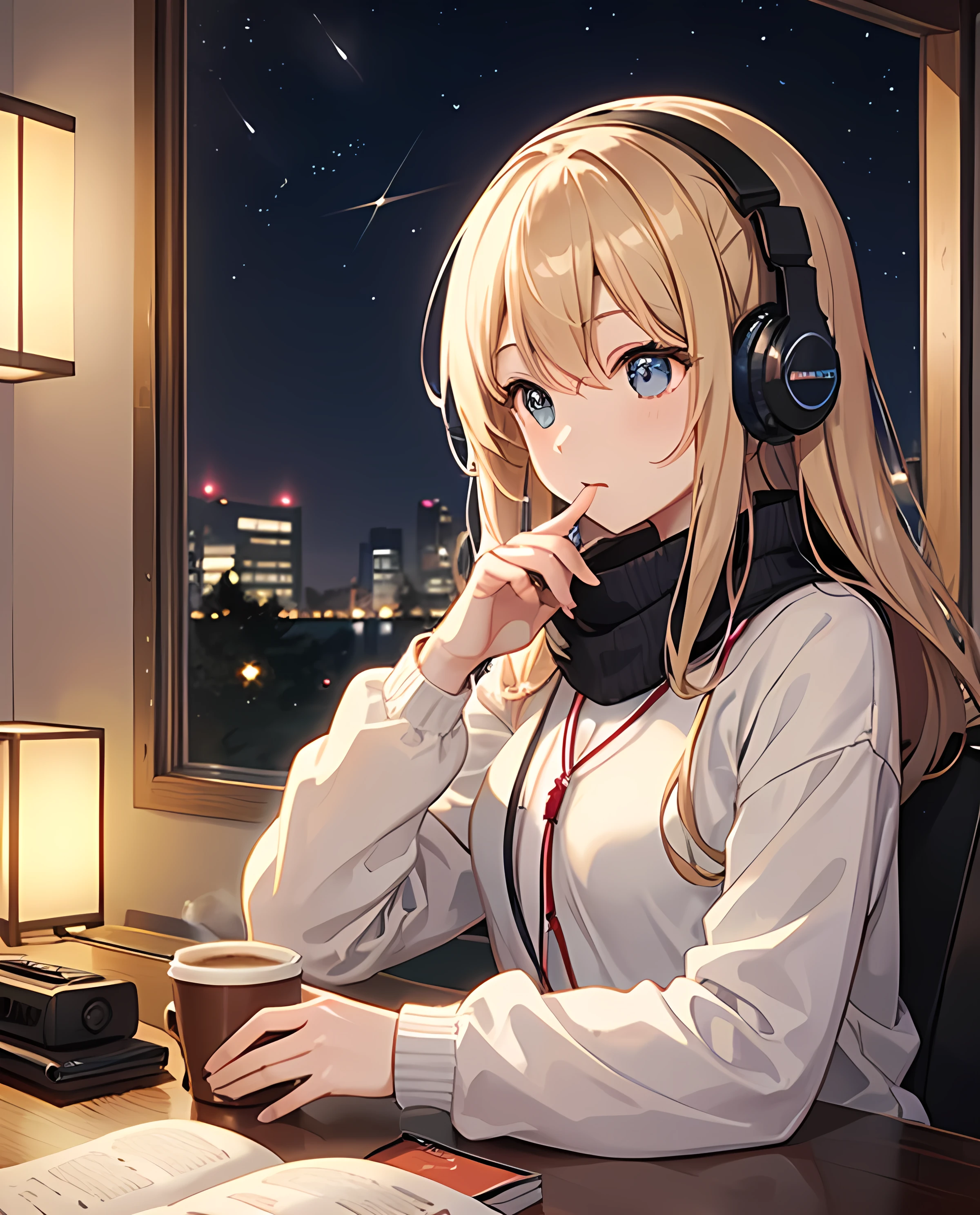 Listening to music with headphones in the room、Beautiful girl studying while drinking coffee、Warm lighting、Outside the room is the night sky、Japanese anime style