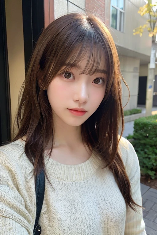(Long Hair, bangs:1.2),(Wear a knitted sweater:1.2),1 girl,Japanese,21 years old,(Small breasts:1.3),(highest quality,masterpiece:1.3,超A high resolution,),(Ultra-detailed,Caustics),(Photorealistic:1.4,RAW shooting,)Ultra-Realistic Capture,Very detailed,High resolution 16K human skin close-up。 Natural skin texture、,Pores、、It needs to be detailed enough to be easily identifiable。 Skin should be even-toned and healthy looking。 Use natural light and colour, Sad expression, Looking at the camera, Perfect dynamic composition, Outdoor