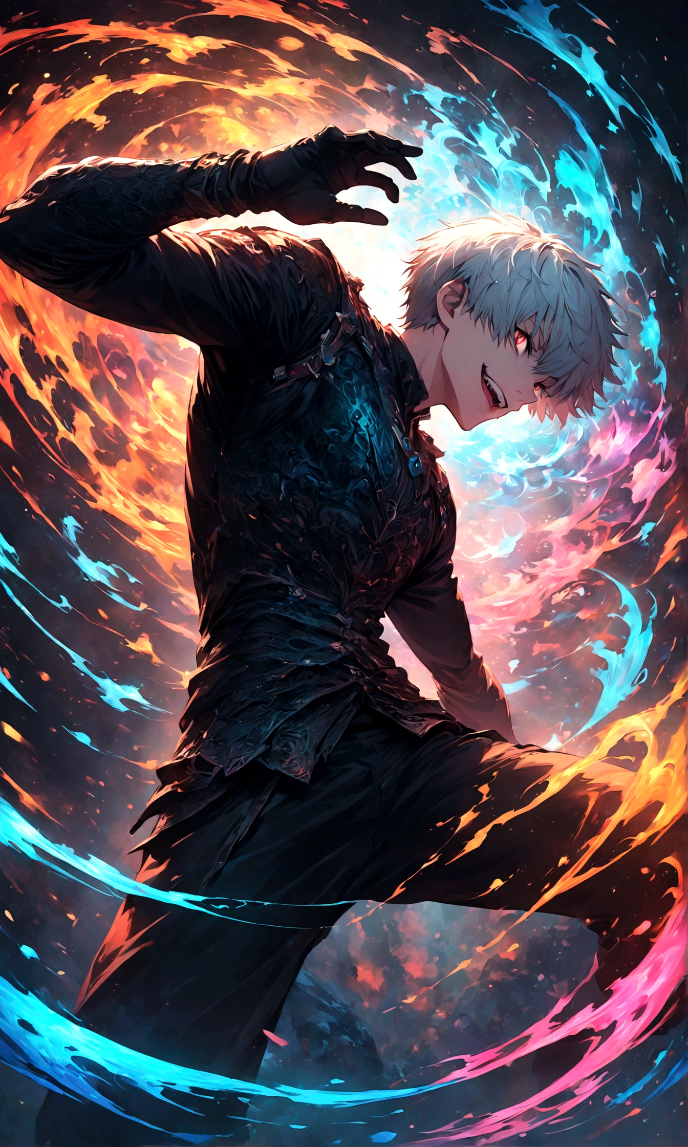 1 male,Kaneki,Tokyo Ghoul,,Sui Ishida's painting style,Intricate details,Use black and white as your main colors,Decadent,artwork,rendering,Dynamic Pose,(masterpiece:1.3),(highest quality:1.4),(ultra detailed:1.5),High resolution,extremely detailed,unity 8k wallpaper,Dark fantasy,Glare,Battle Style,Crazy smile,Zentangle,Best color balance,