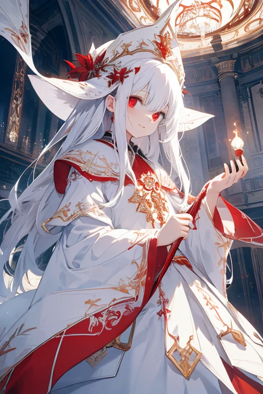 Beautiful illustrations, highest quality, Adorable man, (Convert a sequence), Transform into a Wizard, White Wizard, Fractal Art, albino, Beautiful Face, Long pure white red net hair, Beautiful and detailed red eyes, Cinema Lighting, Cowboy Shot, Looking at the audience, From below, Happy