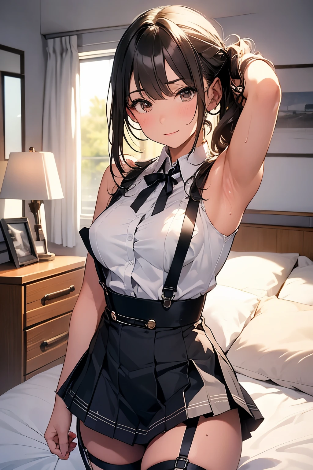 Gazing at the audience Black suspenders bulging big breasts wall mini skirt garterbelt garter vision Small face holster Beautiful woman Show me your hands Lying in bed vision Taunt ~ side ~ side汗 arm belt summer Armpit sweat