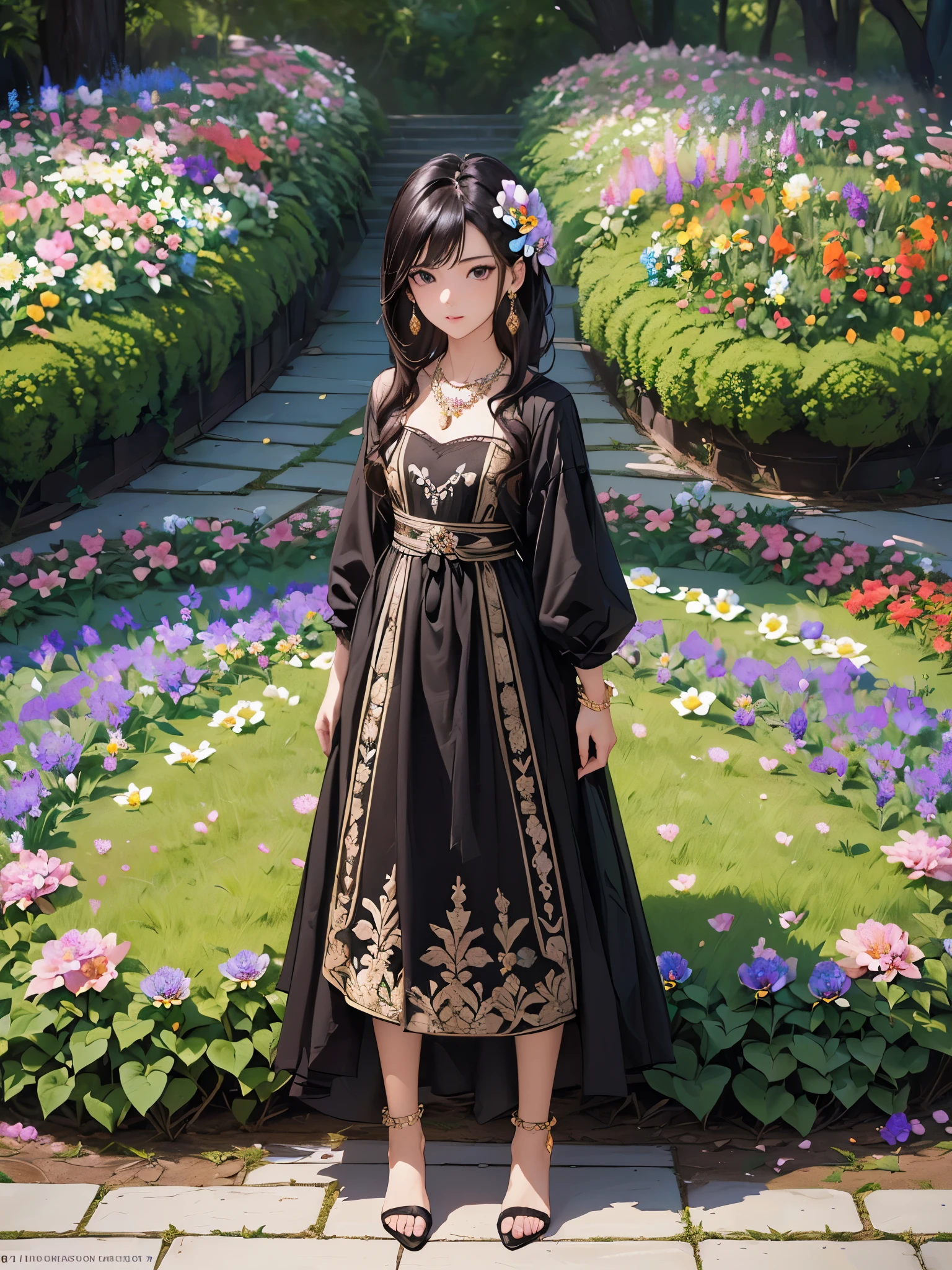 ((Biologically correct limb count))、((Full Body Shot, Full-body photo including face、Head to toe photos))、4K、masterpiece、((Focus on the face))、((Symmetrical facial features))、Eyes of meticulous depiction、One beautiful woman、Excellent style、(stockings、High heels with anklets)、Detailed Description、Small earrings、necklace、(Low - Angle)(((The background is a flower bed in full bloom)))