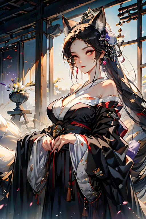 A black haired fox woman with violet eyes with an hourglass figure and black fox ears and a black fox tail in a pretty kimono is making tea in the kitchen