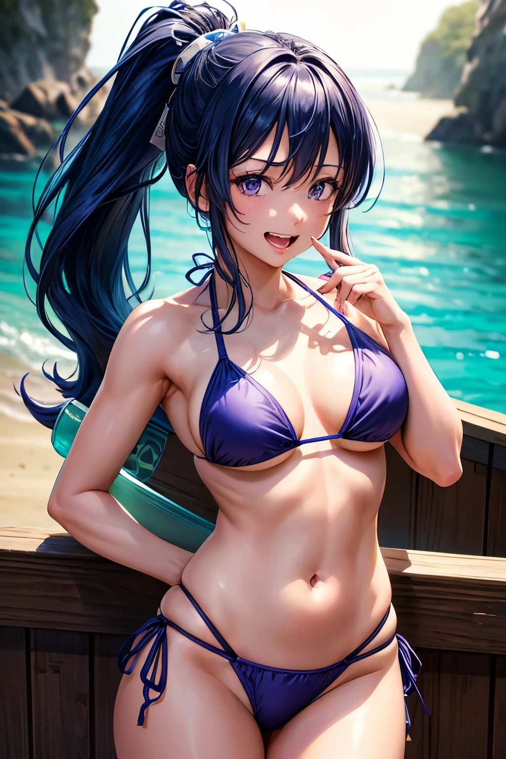 Minamimatsuura, kanan matsuura, Blue Hair, Long Hair, ponytail, (Purple eyes:1.1), Side Lock, Looking at the audience, break (Tabletop:1.2), highest quality, High resolution, unity 8k wallpaper, (figure:0.8), (Beautiful fine details:1.6), Highly detailed face, Perfect lighting, Highly detailed CG, (Perfect hands, Perfect Anatomy),(Blue Bikini:1.3)、(Beach:1.3), Cowboy Shot、Laughing with your mouth open、solo