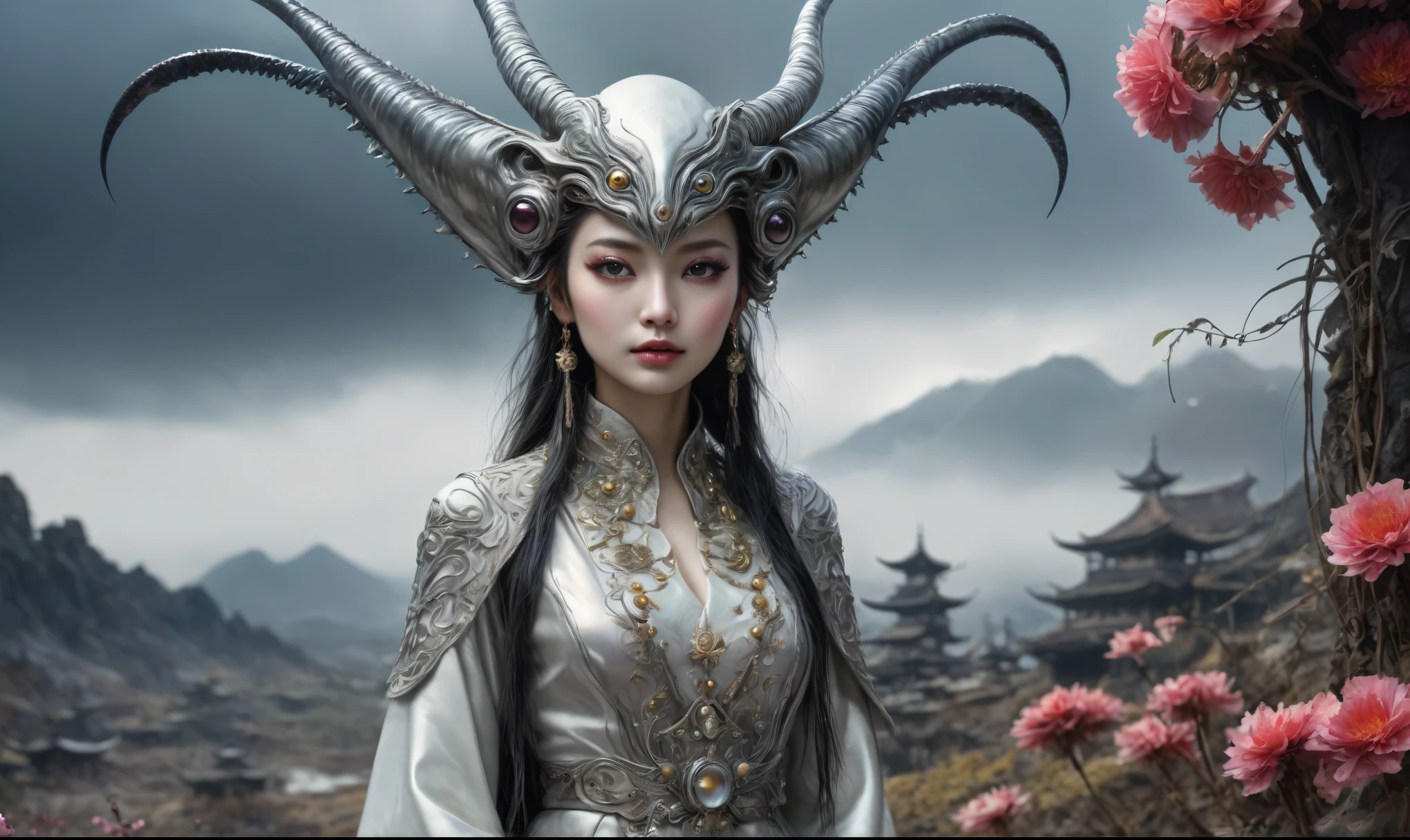 pearl fairy, who can't fly,Cinematic,Muted colors, Technicolor,natural skin textures, hyper realisitc, hyper detailed,Extremely detailed,High contrast,Masterpiece,Realistic,Ultra Detailed,mother-of-pearl leather,full body length shot,heght view on himera babygirl elf,hanfu,once pretty face,eyebrow up,full body shot,ominous landscape,glate gray atmosphere,prime colors,wariza,extremely detailed, masterpiece,intricate details,faded,eyes extremely detailed,Bun Hair,(Folk clothes:1.5), long dress, pronounced feminine feature, insane details, intricate details, hyper-detailing, Complex background, ,full-body-shot,Very tall,  Technicolor,natural skin textures, hyper realisitc, hyper detailed,Extremely detailed,High contrast,Masterpiece,Realistic,Ultra Detailed,intricate details,realistic humid skin,extremly intricate,Epic Realistic, Romantic, cinematic style,by art irina yermolova,orc, messy hair,luminous eyes,extremely detailed, [night landscape],masterpiece,intricate details,faded,eyes extremely detailed, high detailed eyes,8k resolution,RAW, Nikon Z9,by jimmy chin,by art Simon Stalenhag,Nicola Samori,Wangechi Mutu,Lisa Frank,(professional 3d render:1.3),junkie,nature, organic outfit with a curved mask, organic surrounding dead flowers and plants, dynamic glamor pose , fashionable alien  xenomorph, vespertine, futuristic clothing and glass, movie still, avante garde design stylings inspired , decadent
