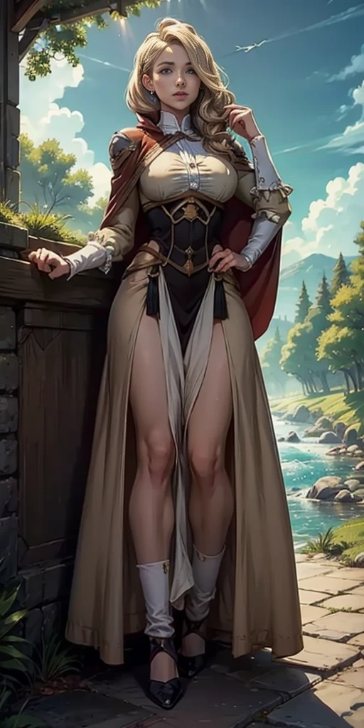 full body toe to head, masterpiece, 1soloMILF BIMBO standing pose long cape, strong body, abs, shiny skin (masterpiece, best quality) 1girlsolo (the empress:1.15) (red cape) curtain, armored dress, queen dress, aurora (sunshine, sky, river, forest)