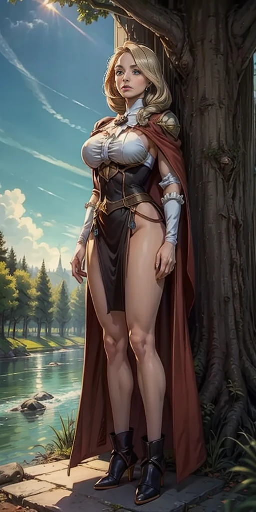 （masterpiece:1.2, highest quality), (highly detailed face, real image, delicate skin tone realistic skin, realistic body,woman１，Authentic nudes with intricate details，Western castle background，Silver Queen wearing a luxurious cloak，bright red hair,messy ponytail hair,boyish，full body shot，long eyelashes，expensive，huge cleavage，big bust，huge nipples，big hips, thick chest plate, beautiful feet, and a thin waist，pussy，clearware，whiten skin，high heels