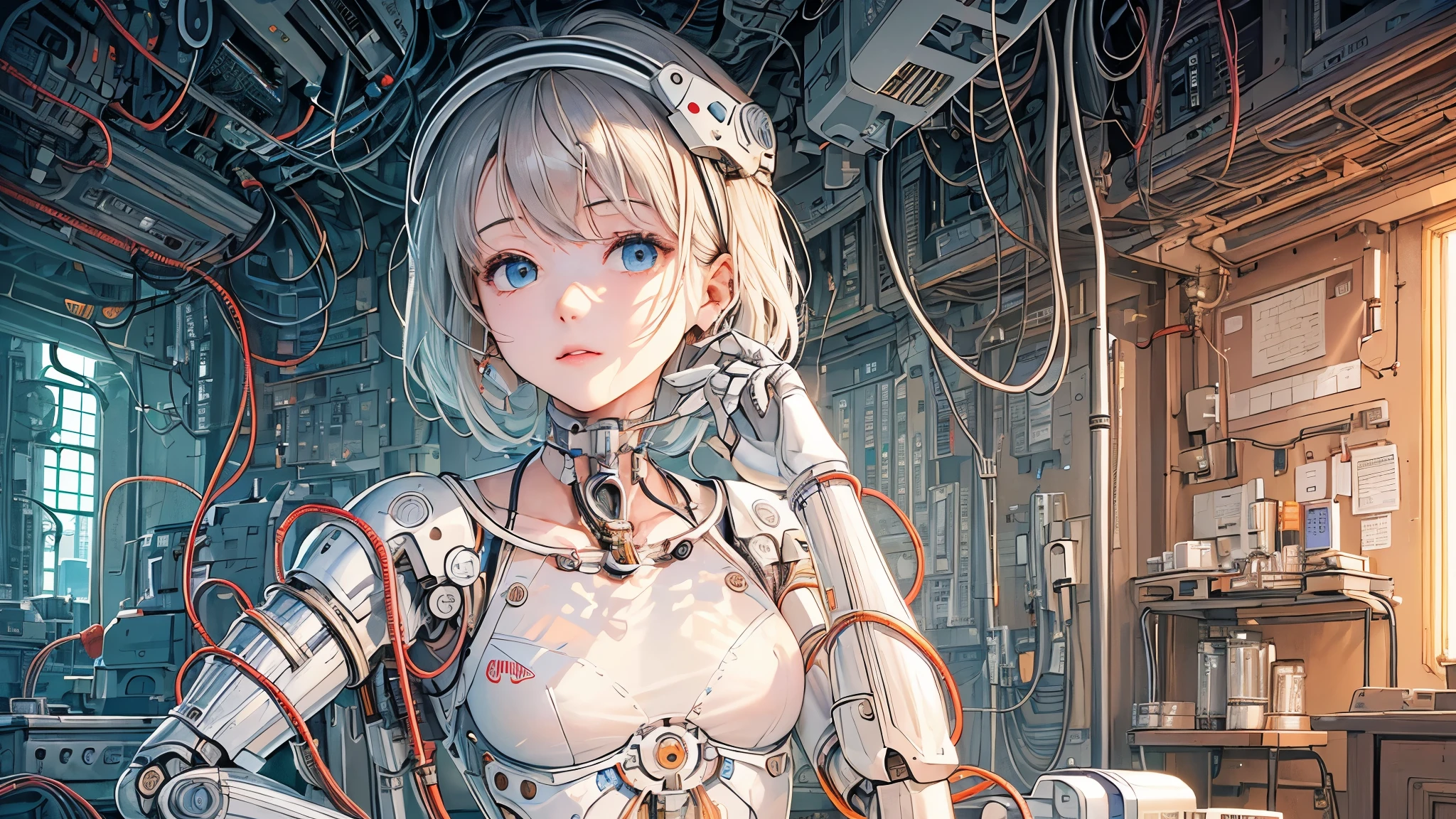 (((masterpiece))), (((highest quality))), ((Very detailed)), (Highly detailed CG illustrations), ((Very delicate and beautiful)),(Cute and delicate face),Light,((1. Machine Girl)),alone,whole body,(Machine made joints:1.4),((Mechanical Limbs)),(Muscles bulge),(Blood vessels are connected to tubes),(Brain in a container:1.3),((Mechanical vertebrae attached to the back)),((Mechanical cervical vertebrae attached to the neck)),((Sitting)),poker face,(Wires and cables attached to head and body:1.5),Small breasts,short hair,(Character Focus),SF