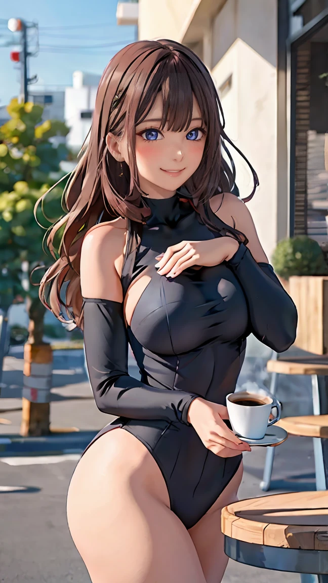 ((((highest quality)))), (((Ultra-precision CG 16K))), (((masterpiece))), (((Very detailed))), (((Extremely detailed))), (((Black outline:1.3, Written boundary depth:1.3 , Written soft outline))), Blur, Bokeh, Maximum clarity and sharpness,Multilayer Texture, Surface Shading, Cinematic lighting, Beautiful details sparkle ,Perfect Proportions, BREAK breast enlarged, large Breasts, rocket breasts, slender waist, (blush, smiling:1.3,) BREAK ((tight-bodysuit-dress with side slits:1.3), impossible cloth:1.3, BREAK (Stretching-upwards:1.3, stick breast out),( a girl relaxing in a cafe:1.3, book and coffee cup on table, sunny outdoors,:1.3 , from side, from below, looking at friends , bust up, cowboy shot), Hydrangea