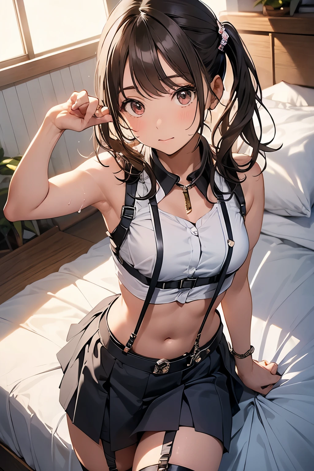 Gazing at the audience　　　Black suspenders　　　bulging big breasts　　 　 　　　wall 　mini skirt　garterbelt　garter　　　　　　vision　　　Small face　 　　　holster　　　Beautiful woman　　Show me your hands　　 Lying in bed　　vision 　　Taunt　~ side　~ side汗 　arm　　belt　summer　Armpit sweat