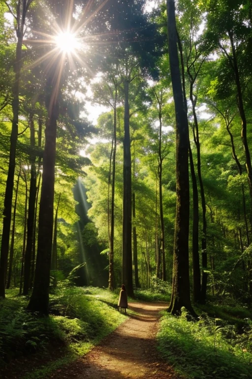 "In the vastness of the forest, where sunlight gilds the treetops and rays filter through the green leaves, a lone figure stands out in the distance. Uma pessoa, small compared to the grandeur of the surrounding nature, caminha serenamente por um trilho sinuoso, its outline getting lost in the green immensity. The landscape is an invitation to contemplation, a harmony between human presence and the majesty of the forest."