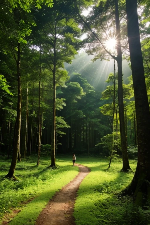 "In the vastness of the forest, where sunlight gilds the treetops and rays filter through the green leaves, a lone figure stands out in the distance. Uma pessoa, small compared to the grandeur of the surrounding nature, caminha serenamente por um trilho sinuoso, its outline getting lost in the green immensity. The landscape is an invitation to contemplation, a harmony between human presence and the majesty of the forest."