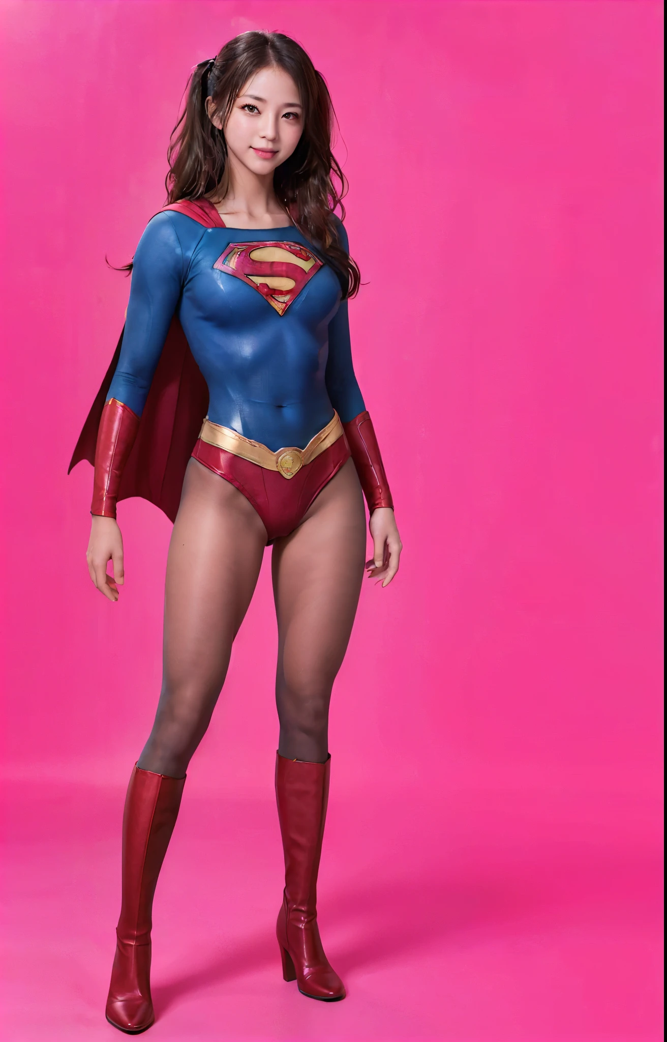 No background、(((Beautiful legs in black tights.)))、(((Legally express the beauty of your smile)))、((((Make the most of your original images)))、(((体にぴったりフィットするSupergirl Costume)))、(((Supergirl Costume)))、(((Beautiful twin tail hairstyle)))、(((She is winking cutely.)))、(((Please wear black tights....、Wear red boots)))、((Best image quality、8k))、((highest quality、8k、masterpiece:1.3))、(((Preserve background )))、Sharp focus:1.2、Beautiful woman with perfect figure:1.4、Slim Abs:1.2、Wet body:1.5、Highly detailed face and skin texture、8k