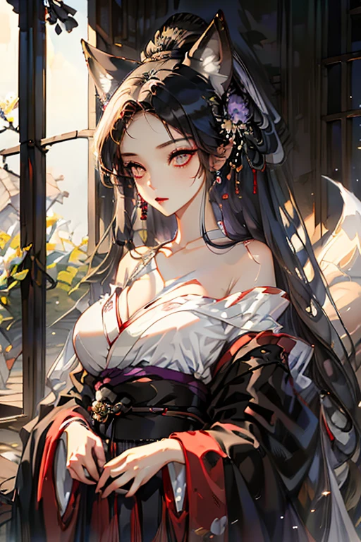 A black haired fox woman with violet eyes with an hourglass figure and black fox ears and a black fox tail in a pretty kimono is making tea in the kitchen