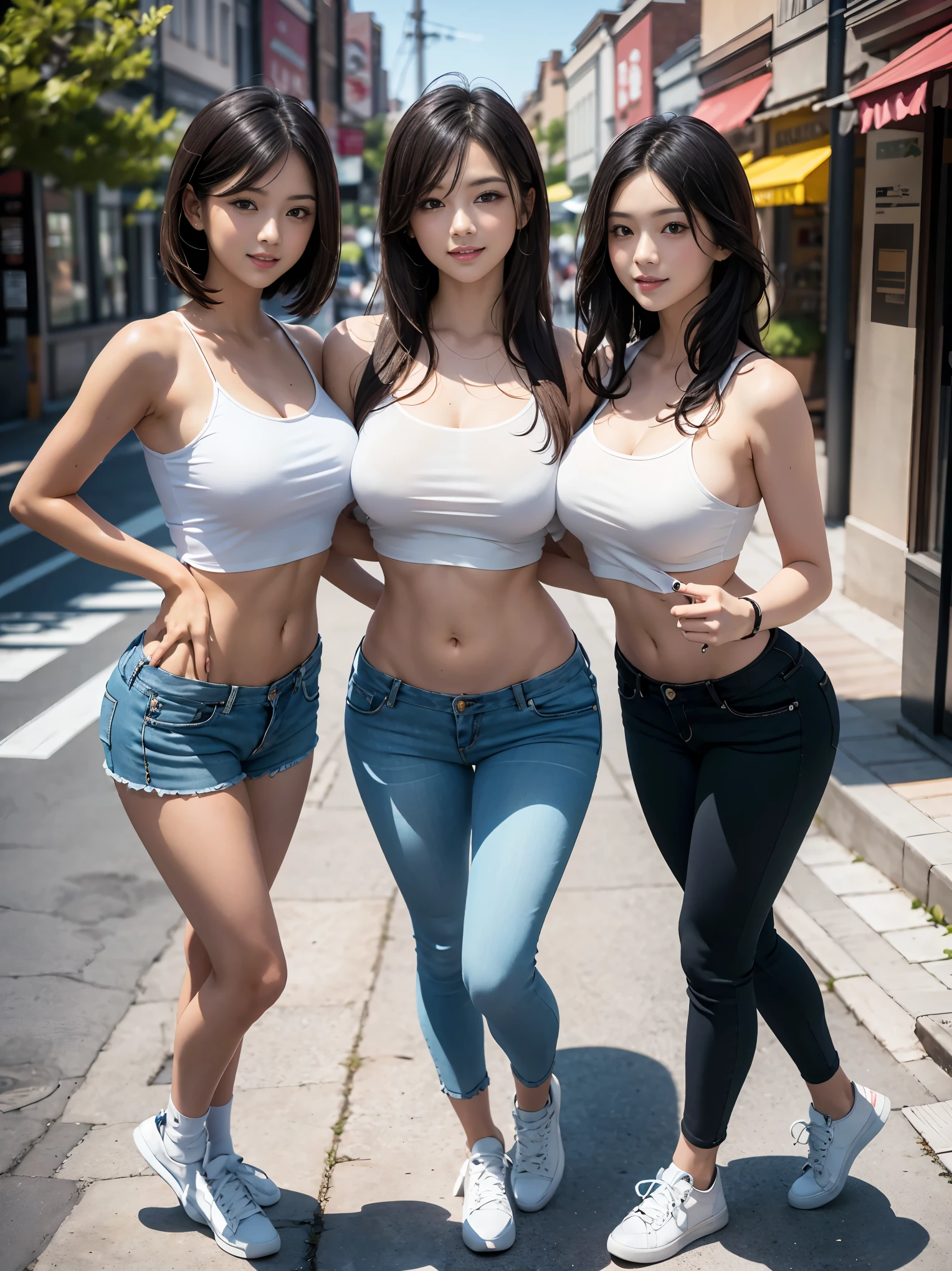 (Best Quality, Masterpiece, Photo realistic, Ultra Detailed, ultra high res, raw), (4 girls, group shot), pretty, Japanese, smile, bangs, double eyelids, (big breasts:1.3), (long hair| medium hair| short hair), (LowriseXL, LowwaistXL, groin), (cropped camisole), skinny jeans, navel, (sneaker, beautiful long legs, full body), main street, fashion model posing,