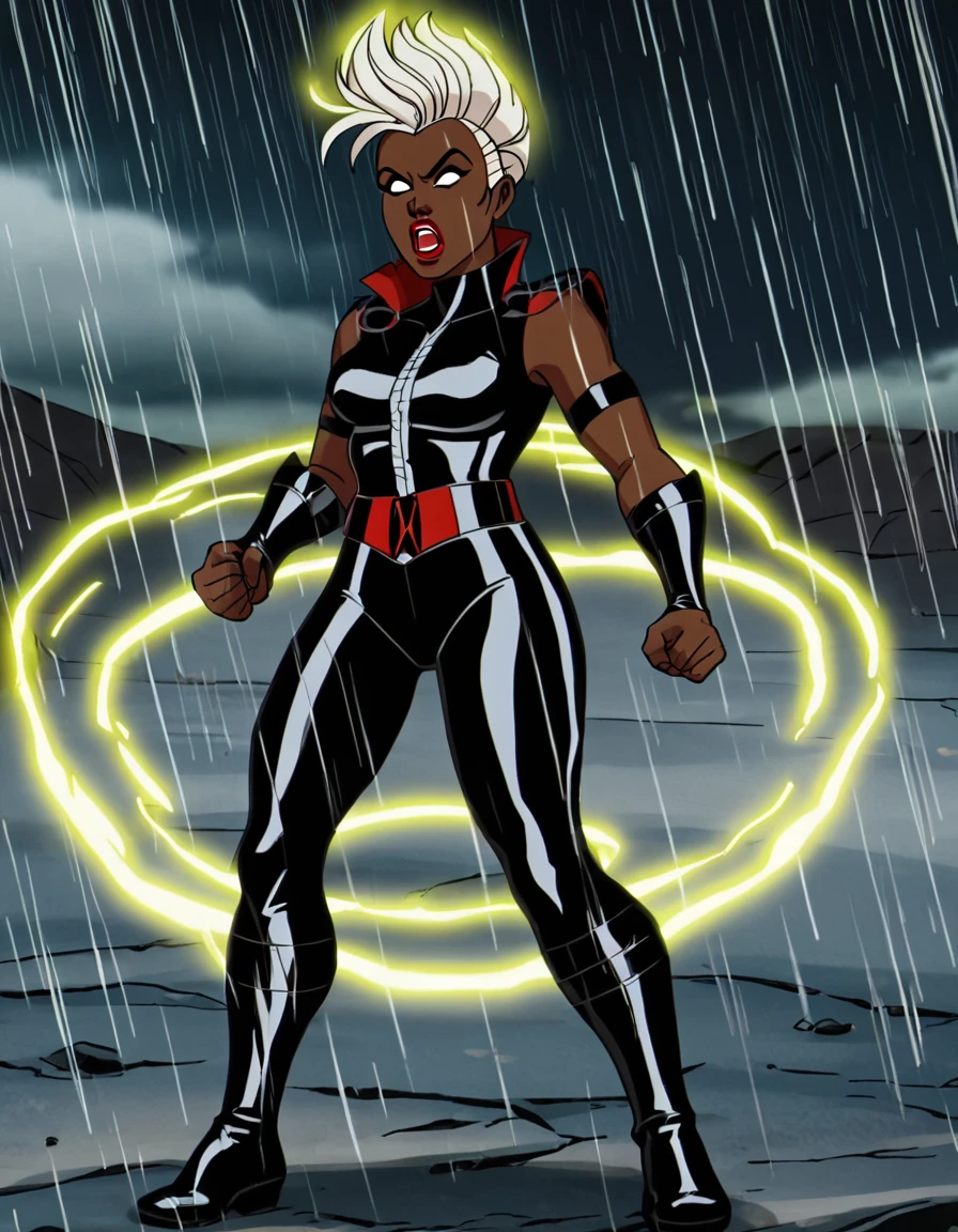 xmen97 style, anime coloring, flat color, cel shading, cel shaded, 2d, PonyXLV6_Scores zPDXL,  1girl, storm, 1girl, solo, mohawk, glowing, eyes glow, open mouth, white eyes, white hair, makeup, dark skin, dark skinned female, white body suit, lipstick, red lips, full body, rating_safe,