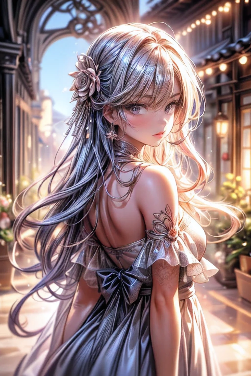 Fantasic Illustration, Masterpiece: 1.2, Highest Quality, Highres, 16k, Beautiful Detailed, Ultra-Realistic, Photo Realistic: 1.37, Beautiful Cute Girl, standing in English rose garden,under the rose arch, rose tattoo on arms, growing eyes, shining pupils, blushed cheek, shiny rosy lips, wearing Bikini top and wrapping skirt show off tattoo, delicate beautiful (hair, face, eyes, pupils, long eyelash), middle breasts,