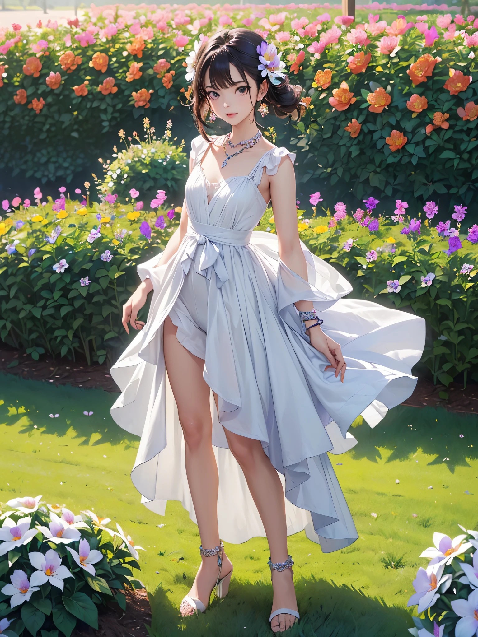 ((Biologically correct limb count))、((Full Body Shot, Full-body photo including face、Head to toe photos))、4K、masterpiece、((Focus on the face))、((Symmetrical facial features))、Eyes of meticulous depiction、One beautiful woman、Excellent style、(stockings、High heels with anklets)、Detailed Description、Small earrings、necklace、(Low - Angle)(((The background is a flower bed in full bloom)))