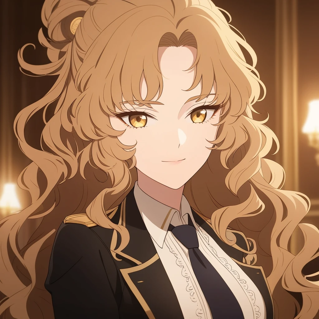 ((masterpiece)),((best quality)),32K,high detail,Extremely detailed,Intricate details,A girl,(Brown long curly hair:1.3),Positive face,(Golden Eyes:1.3),((tie)),((Black suit)),messy hair,hair strand,Hair flip,19th century style,Empire Style,Romanticism,Neoclassicism,Gothic art,Anime style,Cinematic lighting