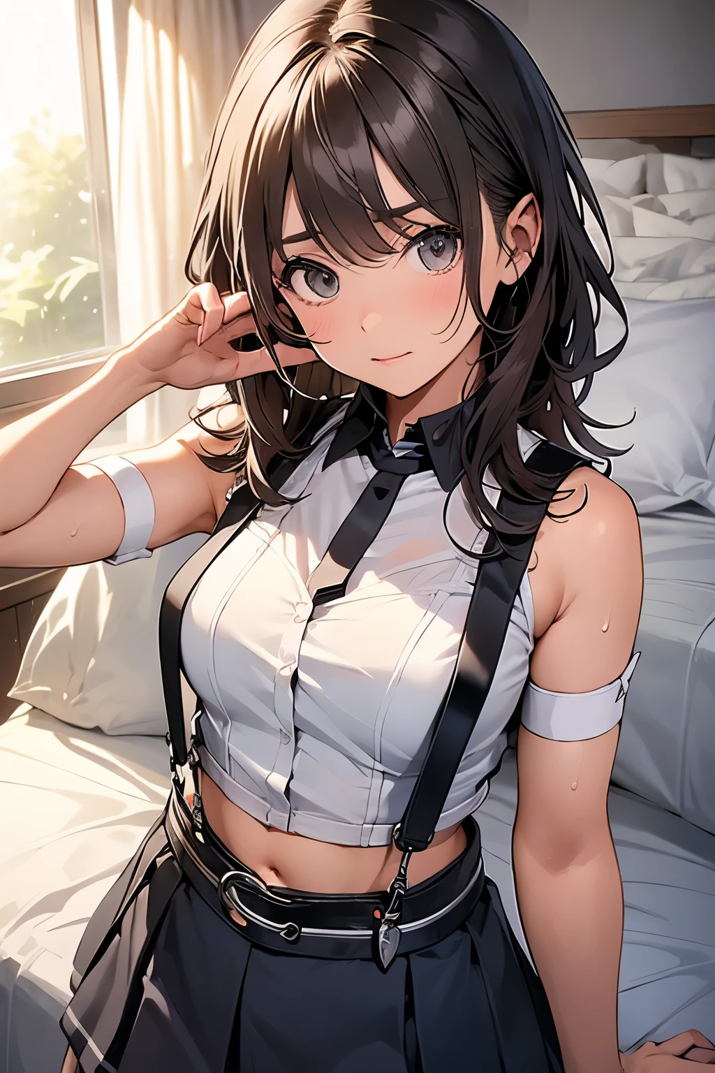 Gazing at the audience　　　Black suspenders　　　bulging big breasts　　 　 　　　wall 　mini skirt　garterbelt　garter　　　　　　vision　　　Small face　 　　　holster　　　Beautiful woman　　Show me your hands　　 Lying in bed　　vision 　　Taunt　~ side　~ side汗 　arm　　belt　summer　Armpit sweat