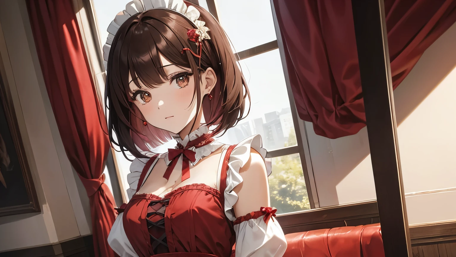 A beautiful girl wearing a red maid outfit with lots of frills and lace　Long sleeve　Brown bob with hair ornament　Upper Body