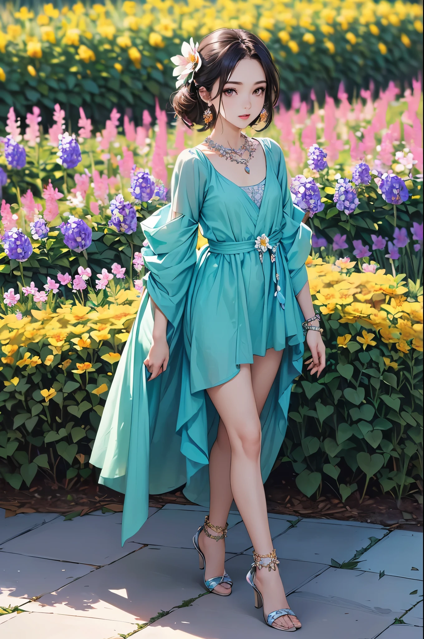((Biologically correct limb count))、((Full Body Shot, Full-body photo including face、Head to toe photos))、4K、masterpiece、((Focus on the face))、((Symmetrical facial features))、Eyes of meticulous depiction、One beautiful woman、Excellent style、(stockings、High heels with anklets)、Detailed Description、Small earrings、necklace、(Low - Angle)(((The background is a flower bed in full bloom)))