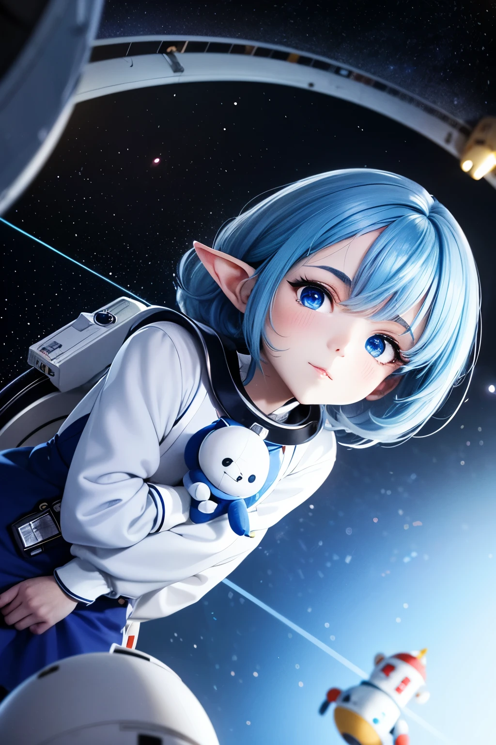 Close-up photo of a young woman, Cartoon girl in space suit with teddy bear, Vertical Anime Skirt, astronaut girl image, Molly Area, Star Guardian inspired, Short light blue hair, blue eyes, Elf race, **Adult content**