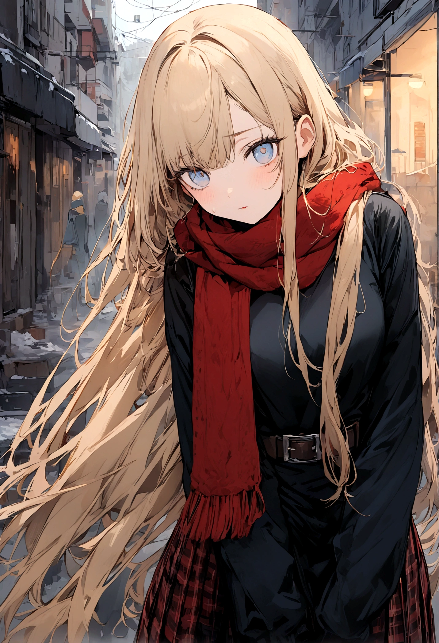 (Artwork), (best quality), (ultra detailed), (straight, blonde and long hair), (illustration), (1 girl), beautiful detailed eyes, delicate and beautiful face, (grayish blue eyes), black turtleneck, a black and red plaid skirt, nylon pantyhose, a red scarf and a belt, cold and postural facial expression
