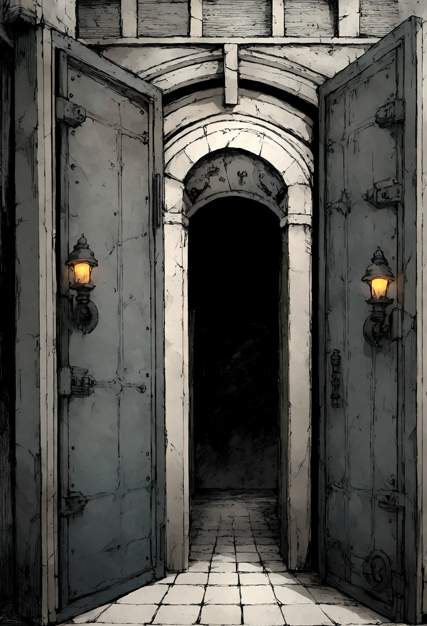 a narrow dungeon corridor ((flanked by metal doors and torches))